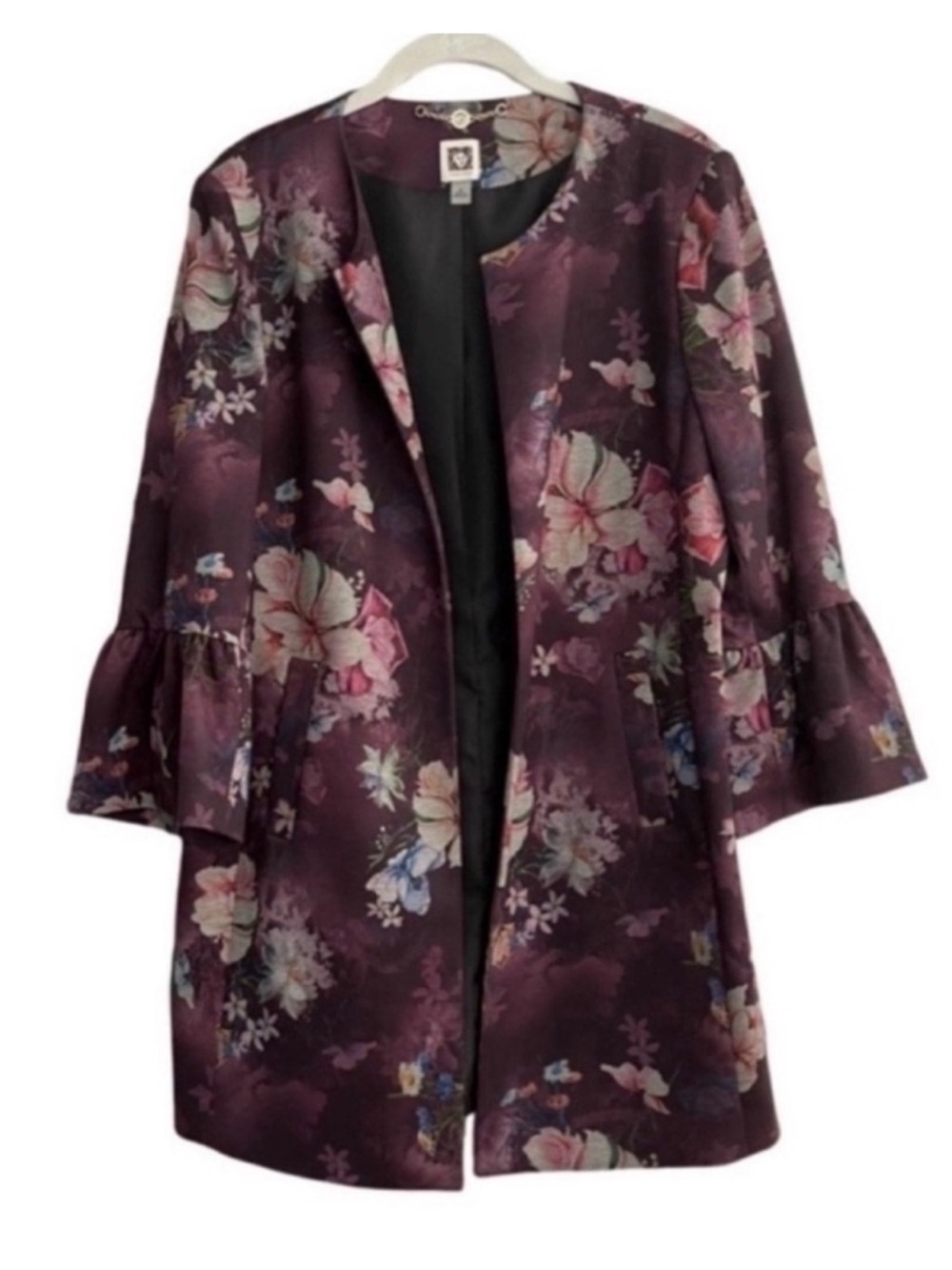 Anne Klein Bell Sleeve Dress Coat Jacket Floral Plum Purple Pink Blue Size M